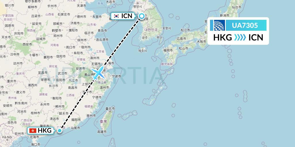 UA7305 United Airlines Flight Map: Hong Kong to Seoul
