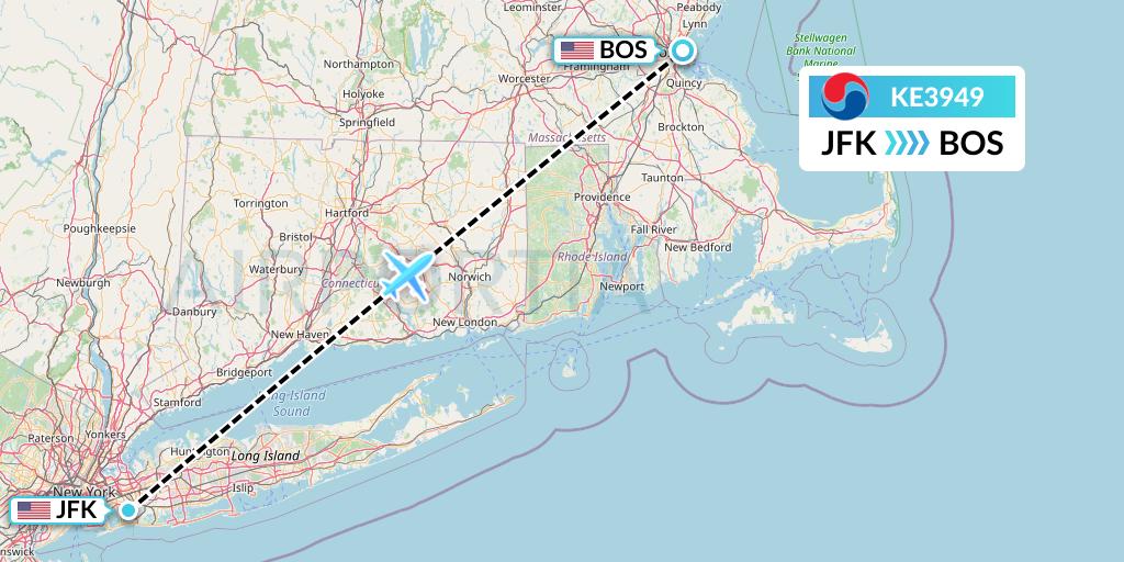 KE3949 Korean Air Flight Map: New York to Boston