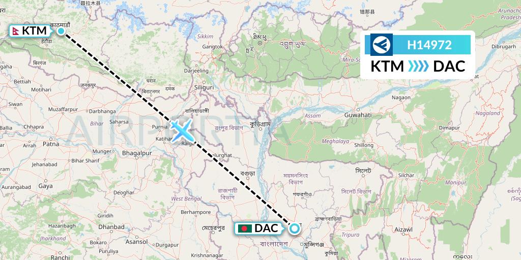H14972 Hahn Air Systems Flight Map: Kathmandu to Dhaka