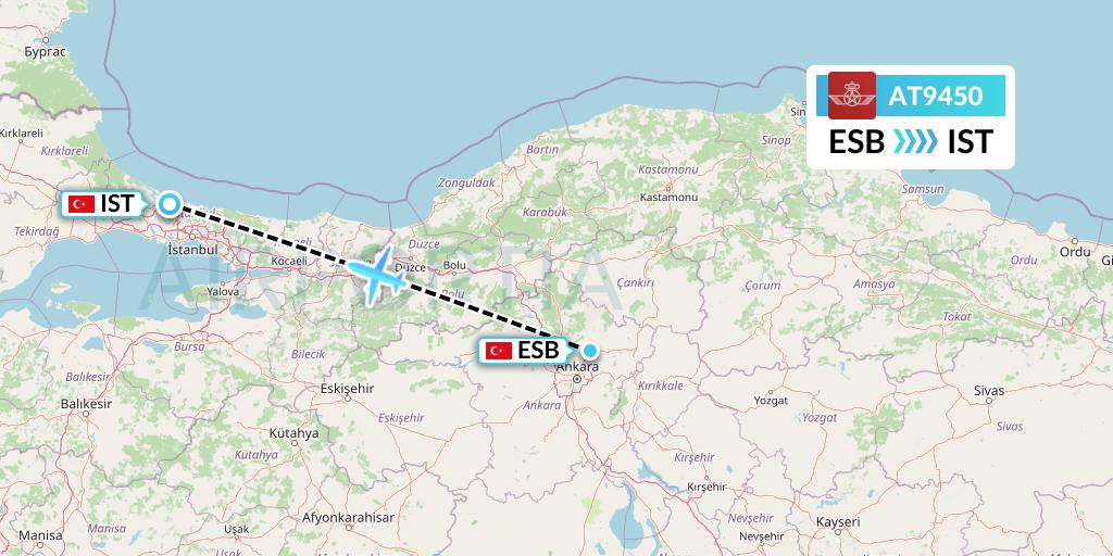 AT9450 Royal Air Maroc Flight Map: Ankara to Istanbul