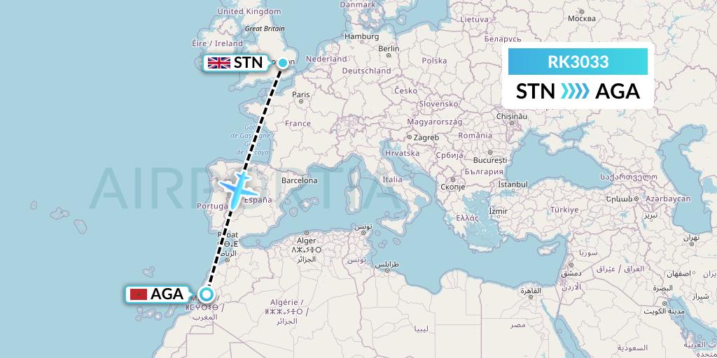 RK3033 Ryanair UK Flight Map: London to Agadir