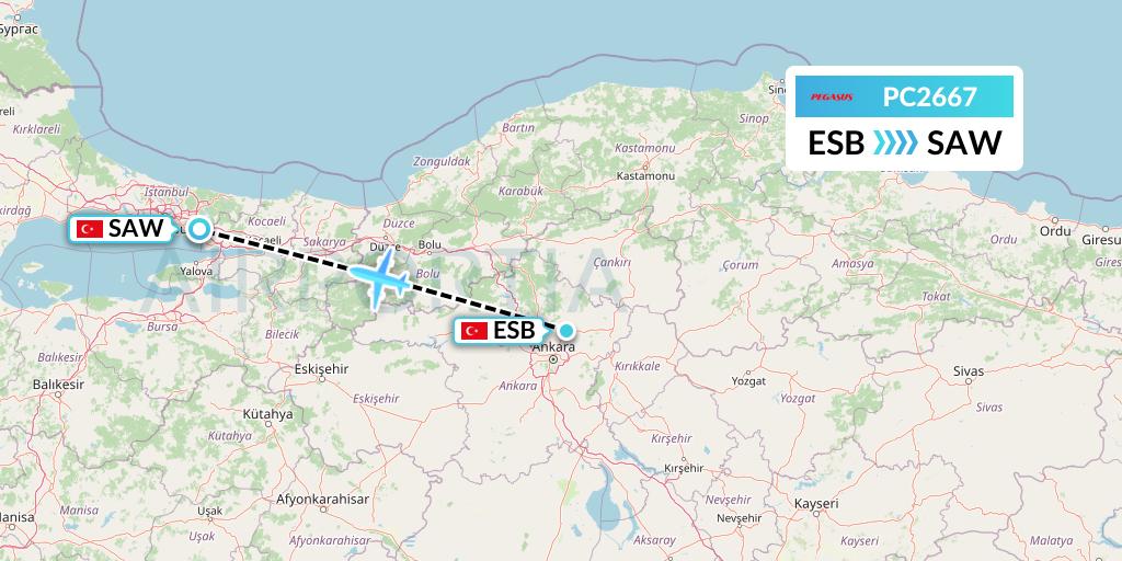 PC2667 Pegasus Airlines Flight Map: Ankara to Istanbul