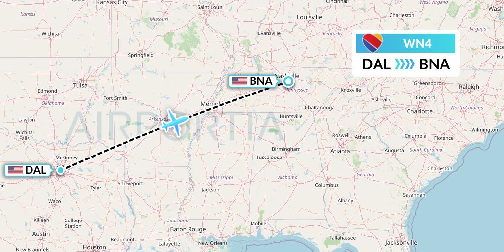 WN4 Southwest Airlines Flight Map: Dallas to Nashville