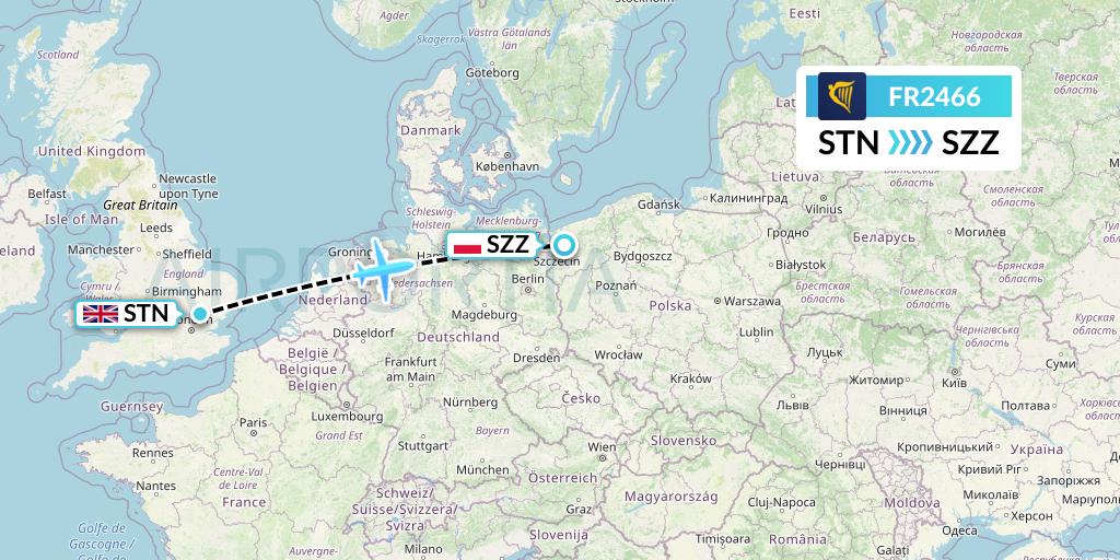 FR2466 Ryanair Flight Map: London to Szczecin