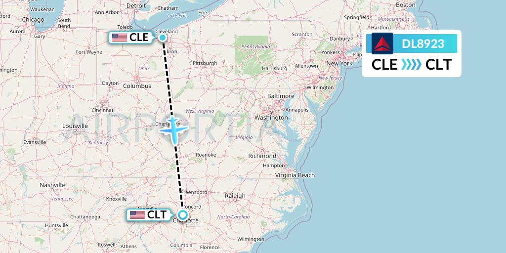 DL8923 Delta Air Lines Flight Map: Cleveland to Charlotte