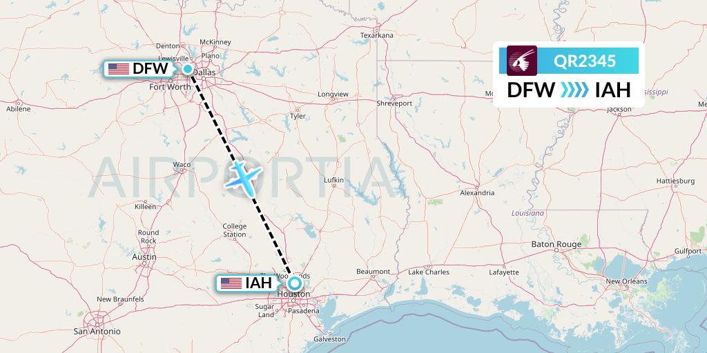QR2345 Qatar Airways Flight Map: Dallas to Houston