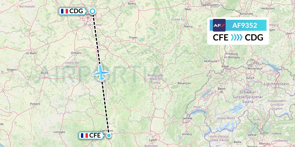 AF9352 Air France Flight Map: Clermont-Ferrand to Paris