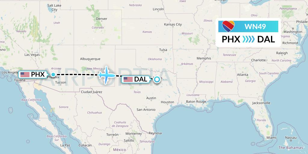 WN49 Southwest Airlines Flight Map: Phoenix to Dallas