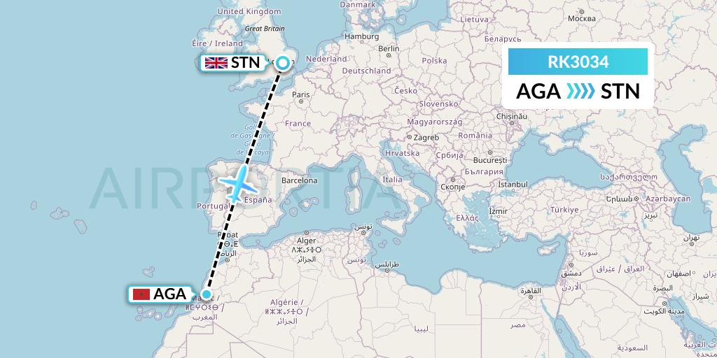 RK3034 Ryanair UK Flight Map: Agadir to London