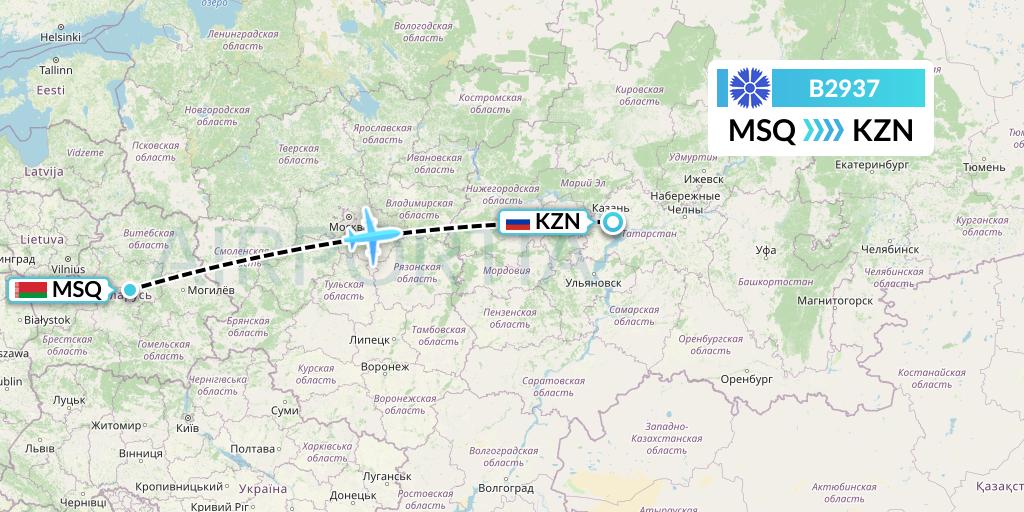 B2937 Belavia Flight Map: Minsk to Kazan
