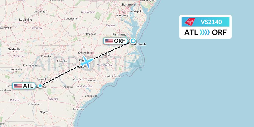 VS2140 Virgin Atlantic Airways Flight Map: Atlanta to Norfolk