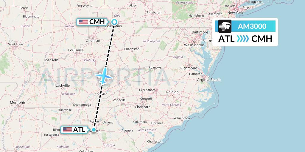 AM3000 Aeromexico Flight Map: Atlanta to Columbus