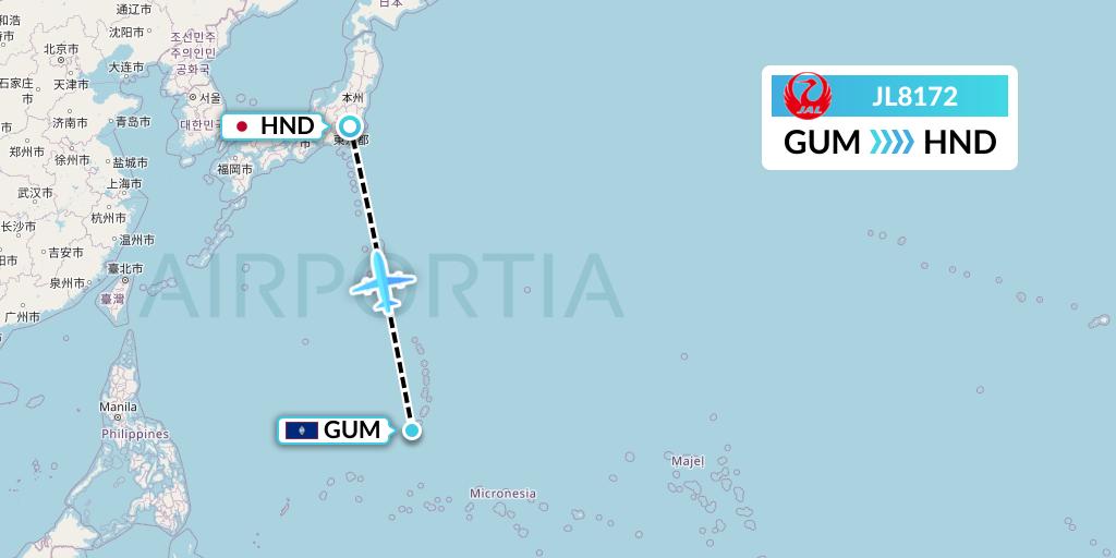 JL8172 Japan Airlines Flight Map: Guam to Tokyo