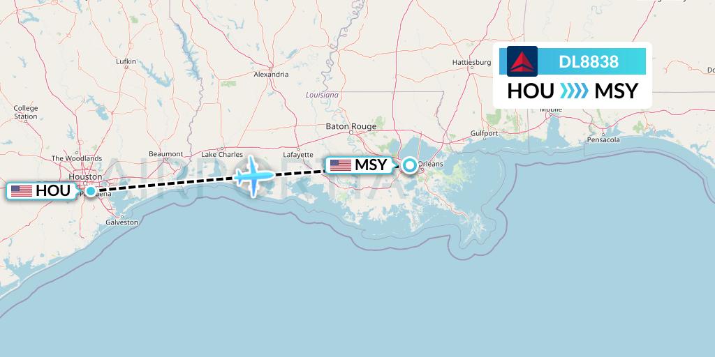 DL8838 Delta Air Lines Flight Map: Houston to New Orleans
