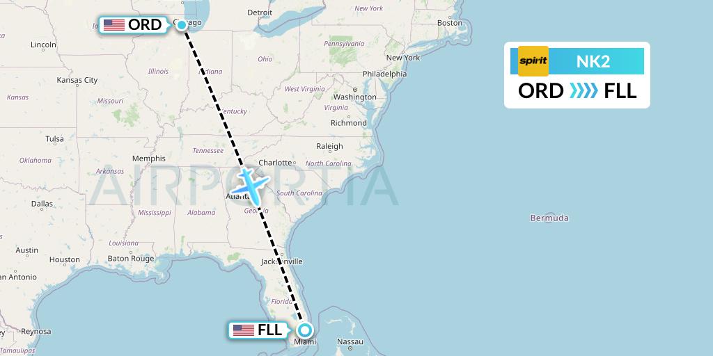 NK2 Spirit Airlines Flight Map: Chicago to Fort Lauderdale