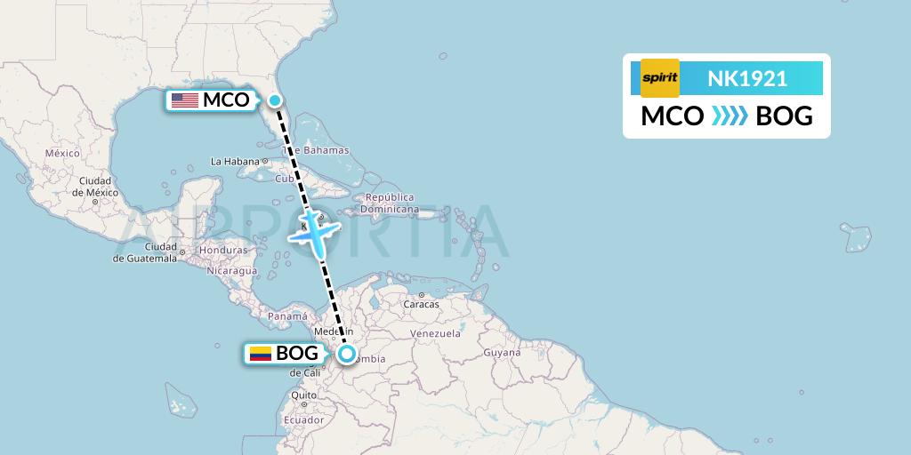NK1921 Spirit Airlines Flight Map: Orlando to Bogota