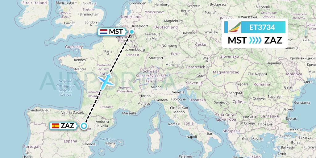 ET3734 Ethiopian Airlines Flight Map: Maastricht to Zaragoza