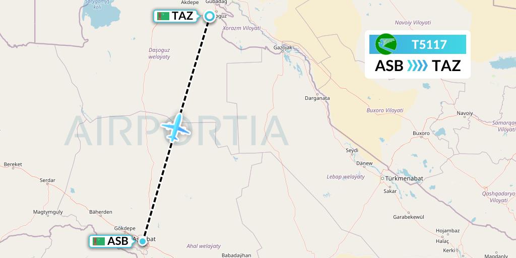 T5117 Turkmenistan Airlines Flight Map: Ashgabat to Dasoguz