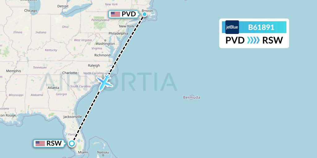 B61891 JetBlue Airways Flight Map: Providence to Fort Myers