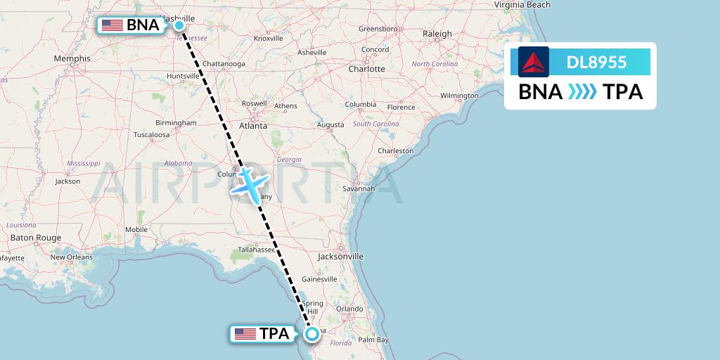 DL8955 Delta Air Lines Flight Map: Nashville to Tampa