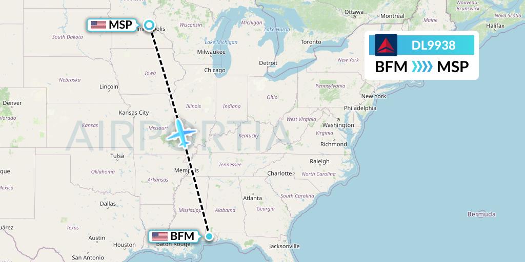DL9938 Delta Air Lines Flight Map: Mobile to Minneapolis
