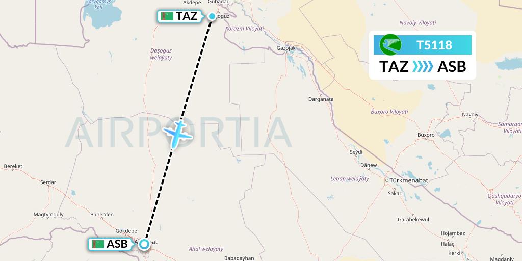 T5118 Turkmenistan Airlines Flight Map: Dasoguz to Ashgabat