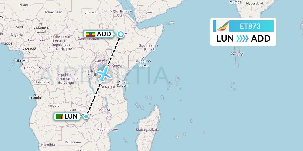 ET873 Ethiopian Airlines Flight Map: Lusaka to Addis Ababa