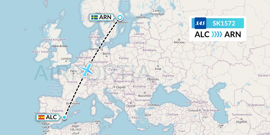 SK1572 SAS Flight Map: Alicante to Stockholm