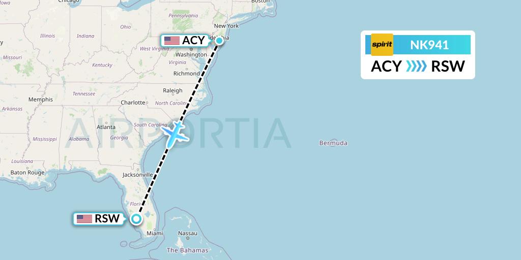 NK941 Spirit Airlines Flight Map: Atlantic City to Fort Myers