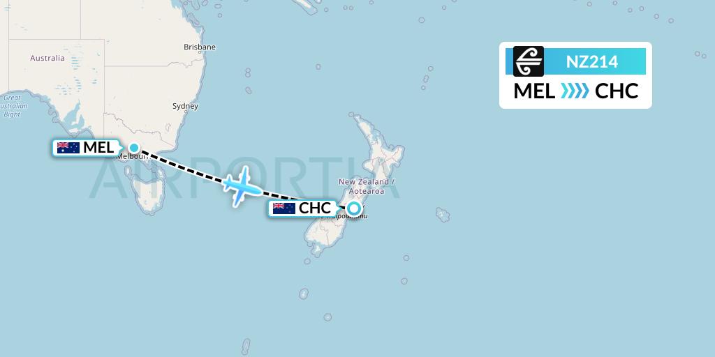 NZ214 Air New Zealand Flight Map: Melbourne to Christchurch