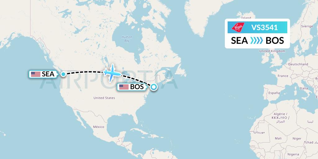 VS3541 Virgin Atlantic Airways Flight Map: Seattle to Boston