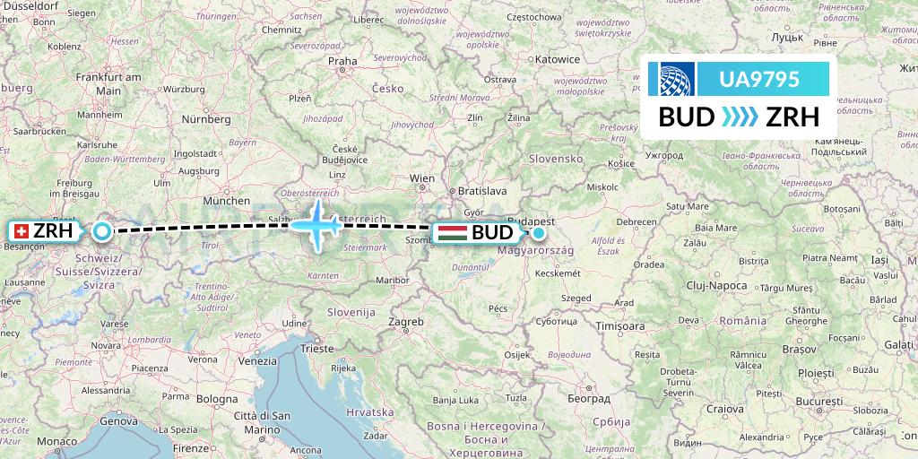 UA9795 United Airlines Flight Map: Budapest to Zurich