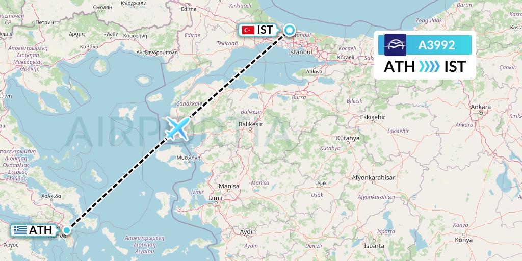 A3992 Aegean Airlines Flight Map: Athens to Istanbul