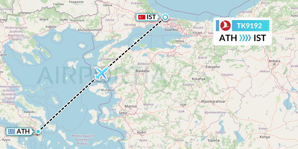 TK9192 Turkish Airlines Flight Map: Athens to Istanbul