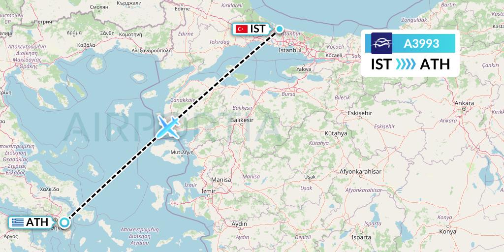 A3993 Aegean Airlines Flight Map: Istanbul to Athens