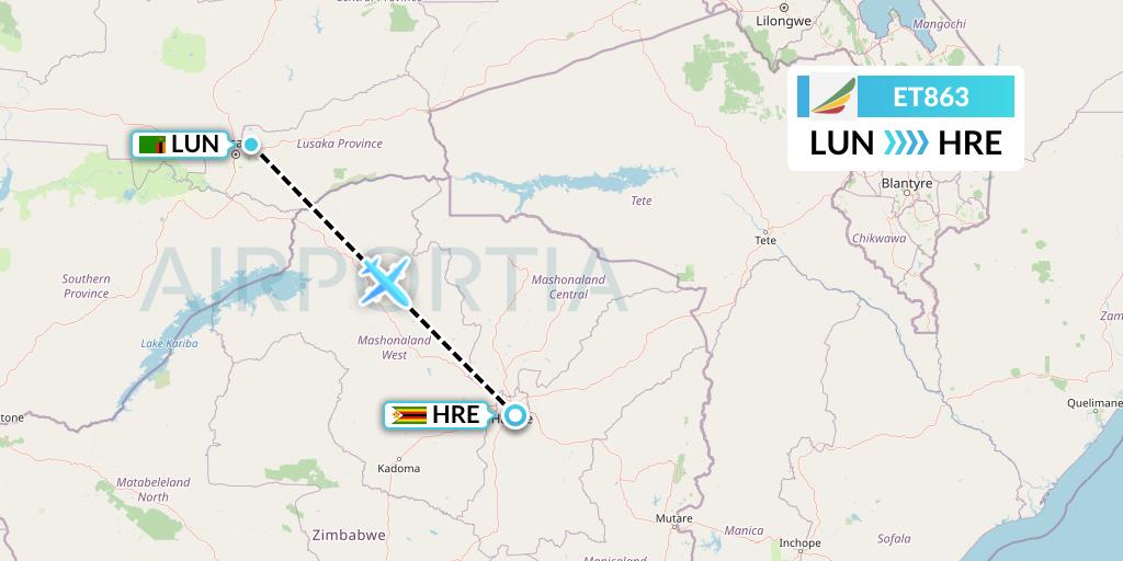 ET863 Ethiopian Airlines Flight Map: Lusaka to Harare