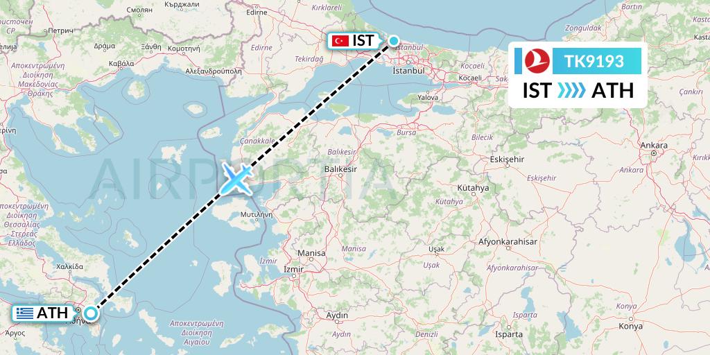 TK9193 Turkish Airlines Flight Map: Istanbul to Athens
