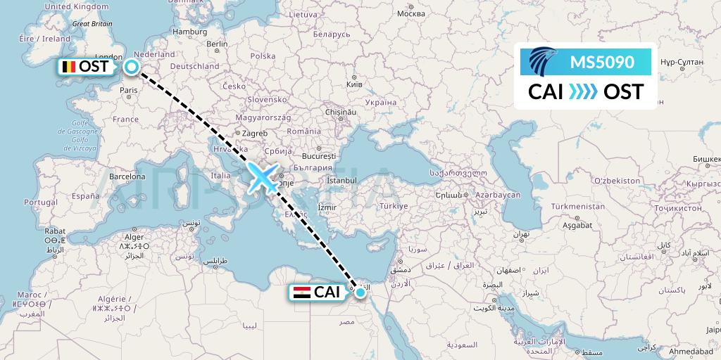MS5090 EgyptAir Flight Map: Cairo to Ostend