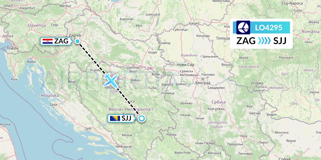 LO4295 LOT Flight Map: Zagreb to Sarajevo