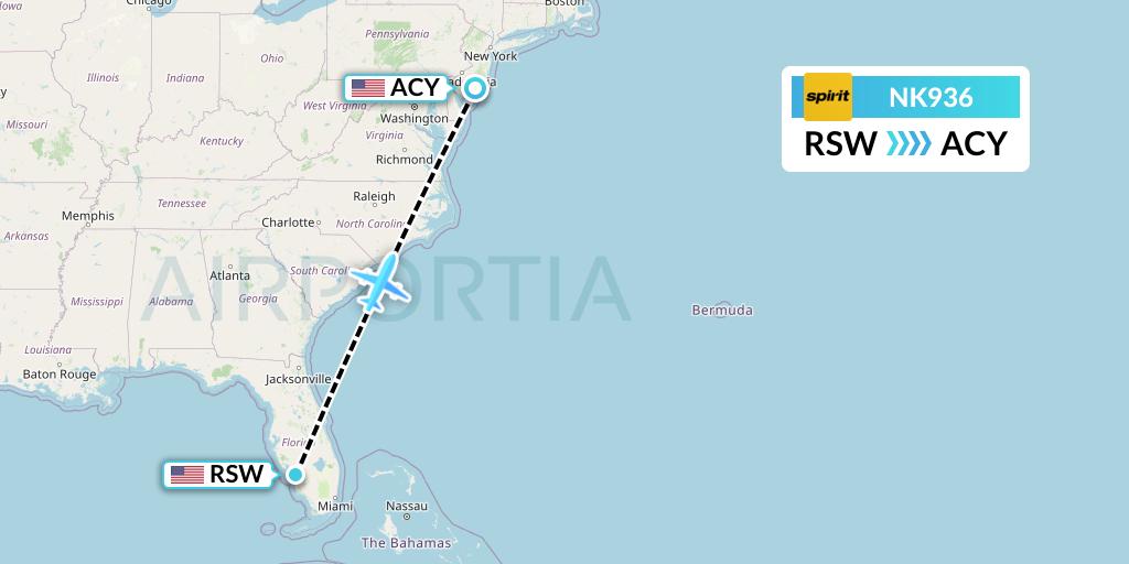 NK936 Spirit Airlines Flight Map: Fort Myers to Atlantic City