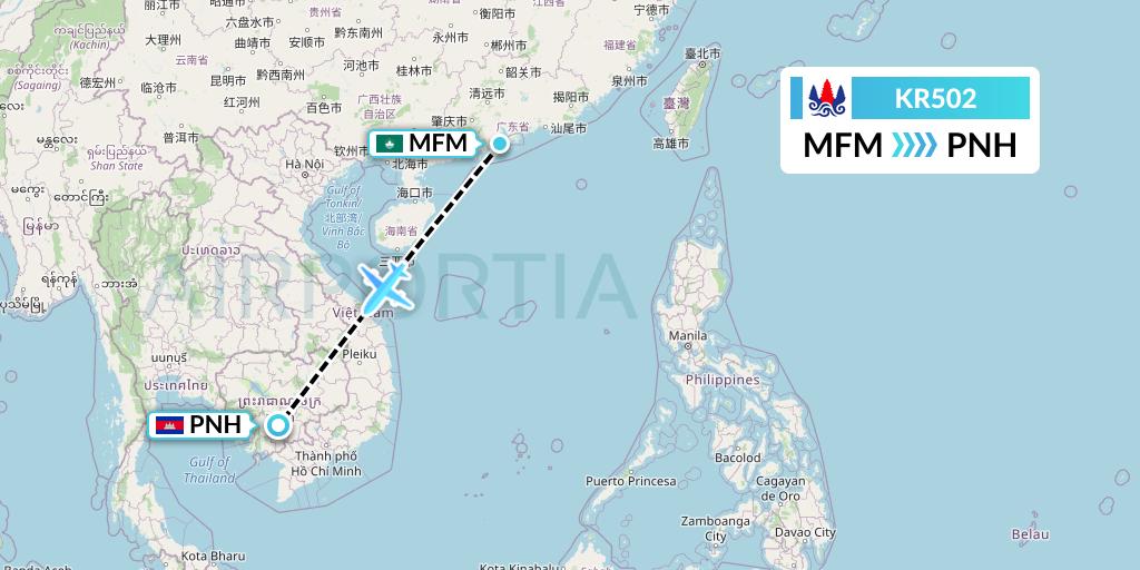 KR502 Cambodia Airways Flight Map: Macau to Phnom Penh