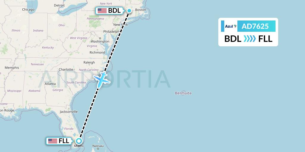AD7625 Azul Brazilian Airlines Flight Map: Windsor Locks to Fort Lauderdale
