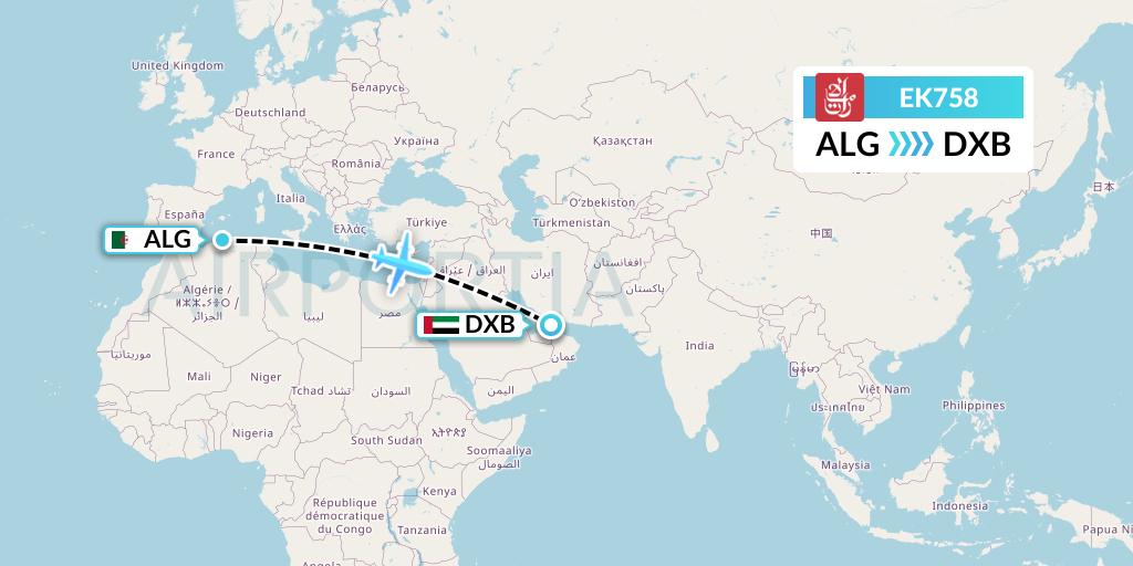 EK758 Emirates Flight Map: Algiers to Dubai