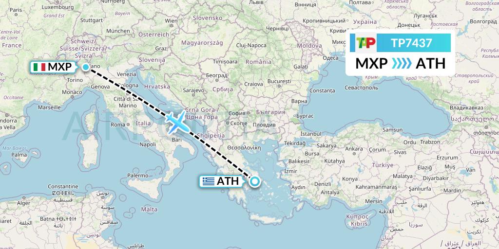 TP7437 TAP Portugal Flight Map: Milan to Athens
