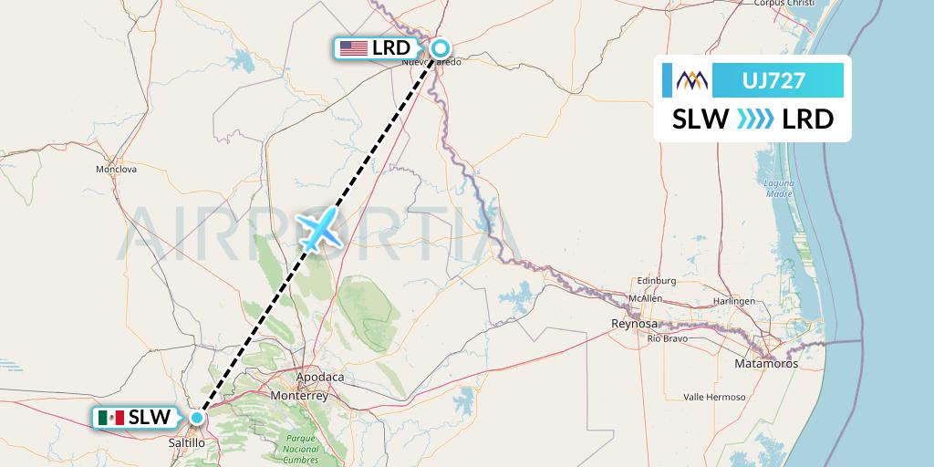UJ727 AlMasria Universal Airlines Flight Map: Saltillo to Laredo