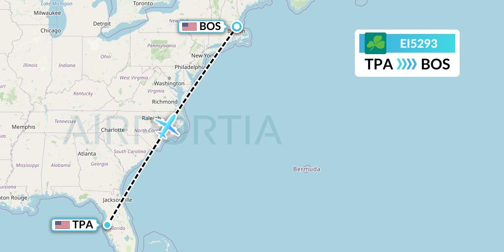 EI5293 Aer Lingus Flight Map: Tampa to Boston