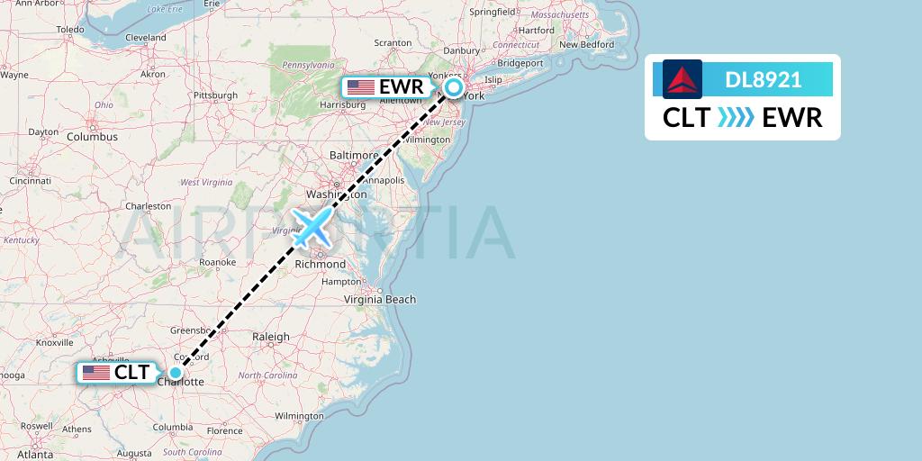 DL8921 Delta Air Lines Flight Map: Charlotte to New York