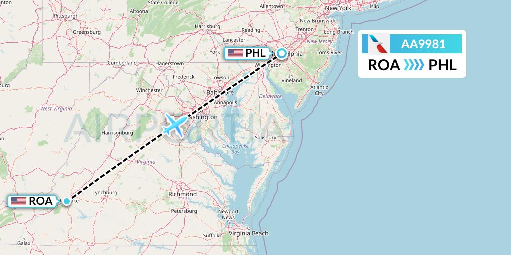 AA9981 American Airlines Flight Map: Roanoke to Philadelphia