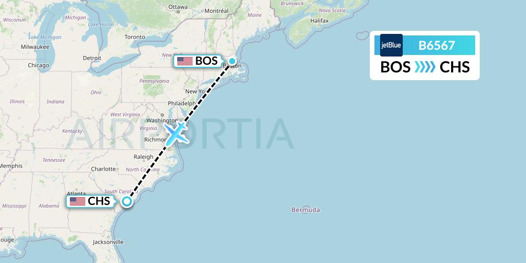 B6567 JetBlue Airways Flight Map: Boston to Charleston