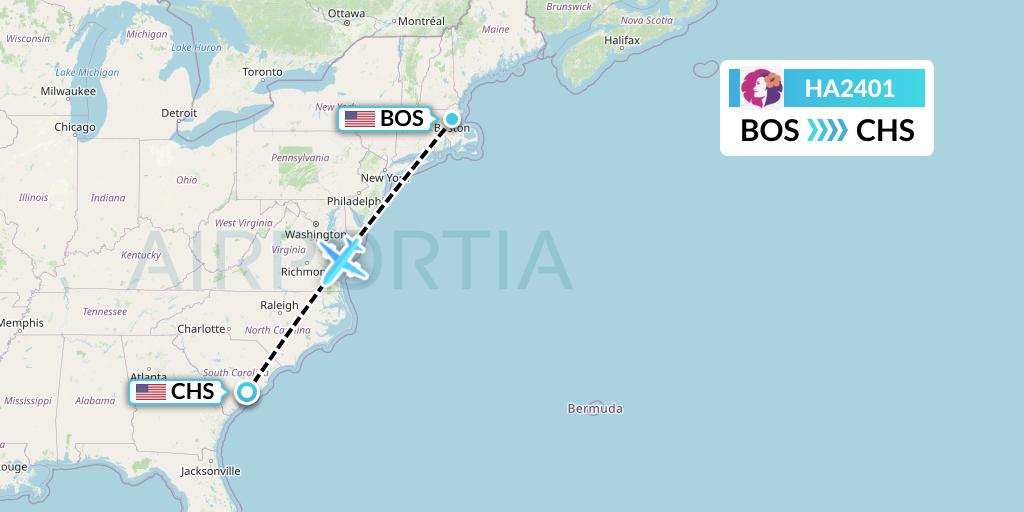 HA2401 Hawaiian Airlines Flight Map: Boston to Charleston